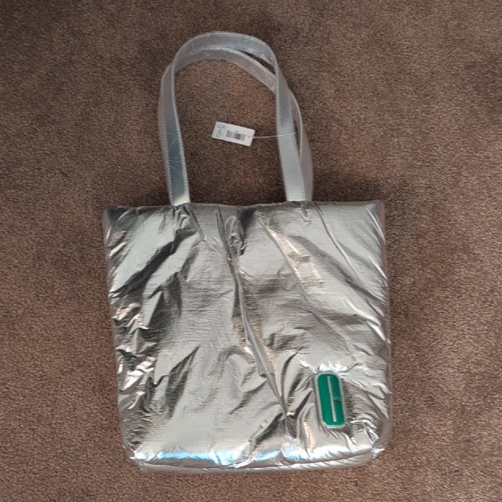 Clinique Puffer Jacket Shiny Silver Tote with Green Accent